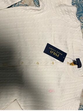Polo by Ralph Lauren White Cable-Knit Cardigan with Pink Pony